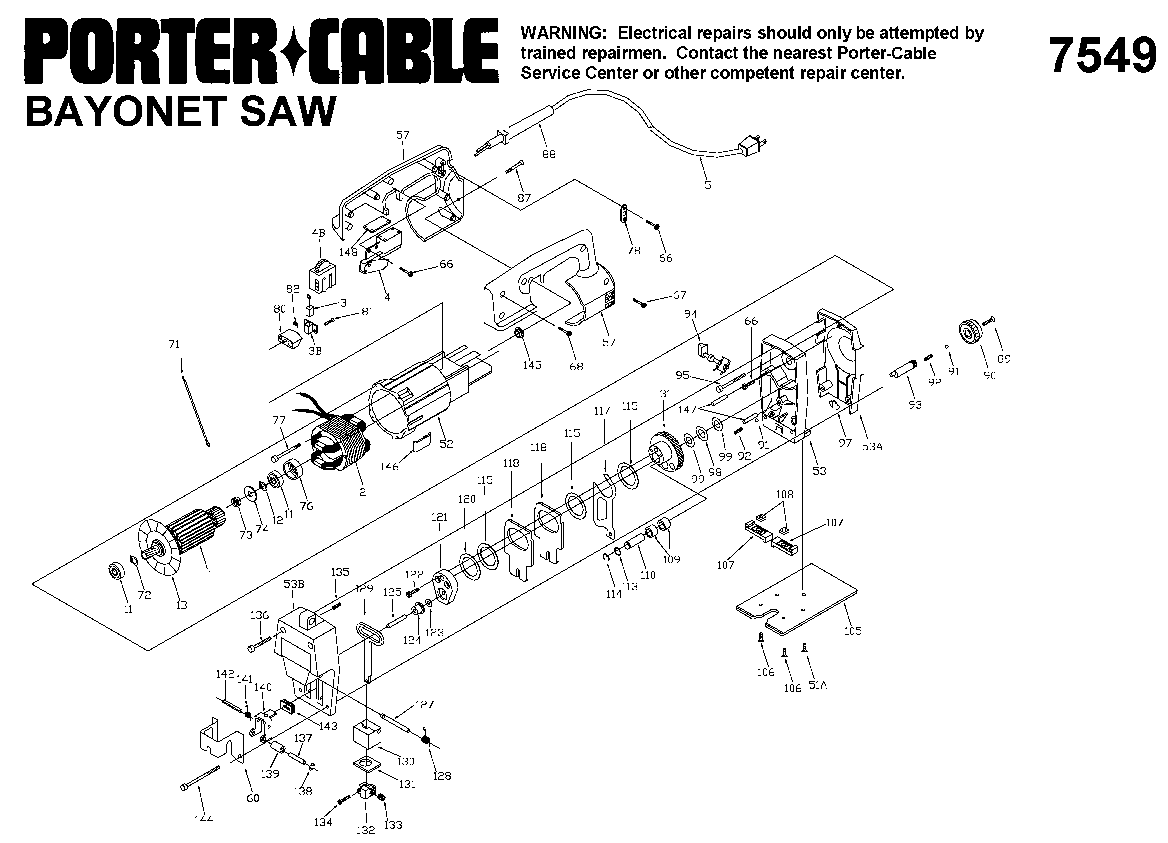 Default Diagram and Parts List for J-7549 Type 1 Porter Cable Jig Saw